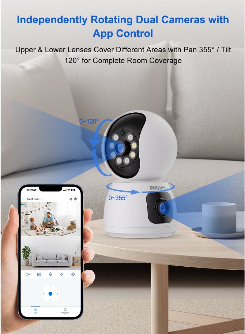 Philips Dual-Lens 360° WiFi Security Camera, 1080P AI-Enhanced Video (2K-Like), Smart Wireless Home IP Camera, Motion Detection, Auto Tracking, Night Vision, Two-Way Audio, Baby Camera, Supports MicroSD up to 128GB - Image 4